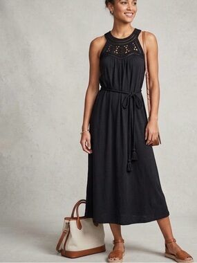 Boden Black Crochet Detail Midi Tank Dress with braided belt. Size 8